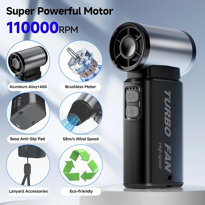 Multipurpose Electric Air Duster, Powerful Palm Size, Cordless Air Blower, Clean Hard-to-Reach Areas of Any Surface, 110,000 RPM Mini Blower, Fast Charging, Durable, 6 Speed, No Canned Air Needed