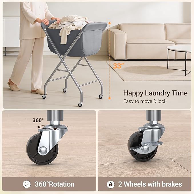ELYKEN Laundry Cart with Wheels, 33”H Easy Rolling Laundry Hamper with Removable Liner Bag, Sturdy Metal Frame Clothes Basket with 4 Casters and 2 Brakes