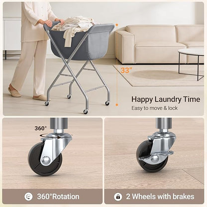 ELYKEN Laundry Cart with Wheels, 33”H Easy Rolling Laundry Hamper with Removable Liner Bag, Sturdy Metal Frame Clothes Basket with 4 Casters and 2 Brakes