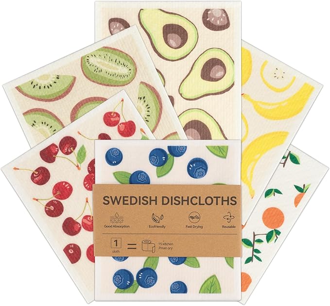 Polly Online Swedish Dishcloths for Kitchen,6 Pack Cloth Paper Towels Reusable Washable,Super Absorbent Dish Towels,No Odor,Biodegradable,Fruit Design