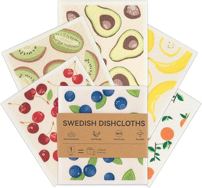 Polly Online Swedish Dishcloths for Kitchen,6 Pack Cloth Paper Towels Reusable Washable,Super Absorbent Dish Towels,No Odor,Biodegradable,Fruit Design
