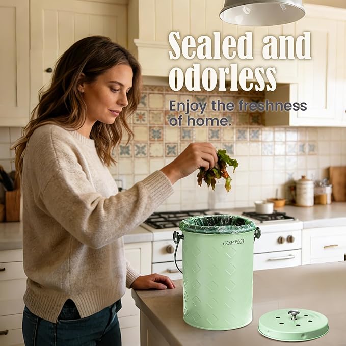 AOSION Countertop Compost Bin Kitchen,Odorless Indoor Compost Bin with Lid,Farmhouse Composter Container for Food Waste,Includes 2 Carbon Filters, Small Compost Bucket,Trash Bags (Modern, Green)