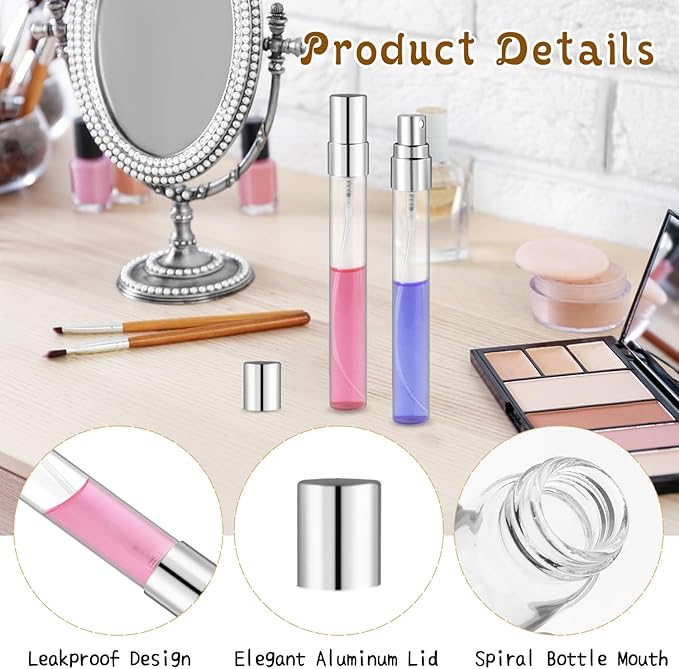 50 Pcs 10ml/0.34oz Fine Mist Glass Bottle Mini Transparent Spray Vials Empty Refillable Perfume Bottles for Cosmetic Perfume Liquid Sample DIY Sprays - Silver Lids