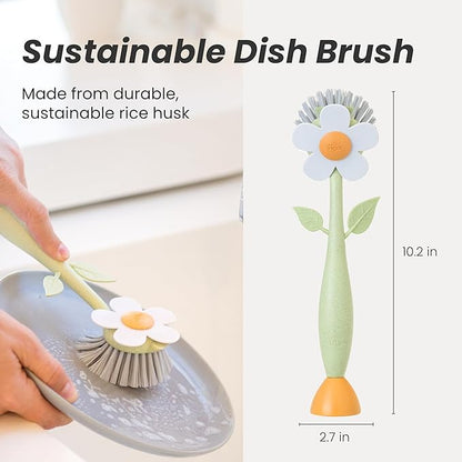 Vigar Florganic Dish Brush with Handle & Built-in Stand - Daisy-Shaped Kitchen Scrub Brush for Dishes and Sink Cleaning, Non-Stick Safe Soft Nylon Bristles, Pot Scrubber, Dishwasher Safe – Multicolor