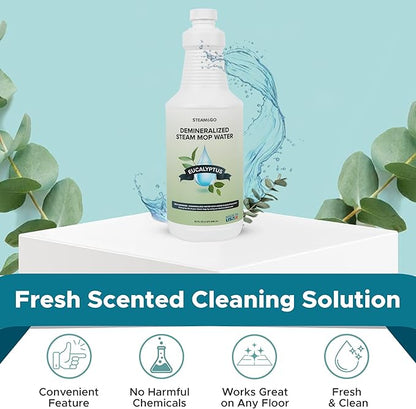 Steam & Go Demineralized Water for Steam Cleaner, PVC-Free Floor Cleaning Liquid Compatible With Any Steam Mop, Ready-to-Use Multisurface Cleaner, Scented, Eucalyptus Mint, 32 oz, Pack of 6