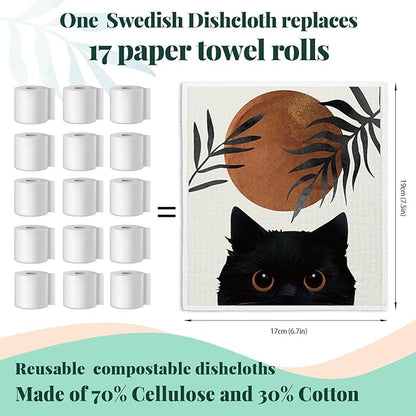 Boho Cat Swedish Dishcloths for Kitchen, Papaya Reusable Paper Towels, 4 Pack Watercolor Dish Towels for Kitchen, Swedish Dish Cloths, Reusable Paper Towels Washable