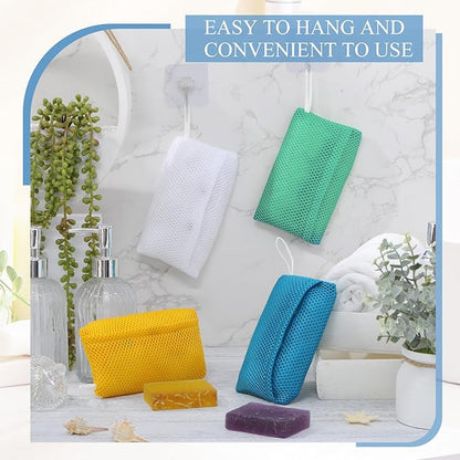 Sunnyray 4 Pieces Soap Saver Pouch for Bar Soap, Loofah Bath Scrubber Exfoliating Sponge for Baths and Showers, Soap Saver Holder Foaming and Drying Pocket Wash Bag, White Yellow Blue Cyan