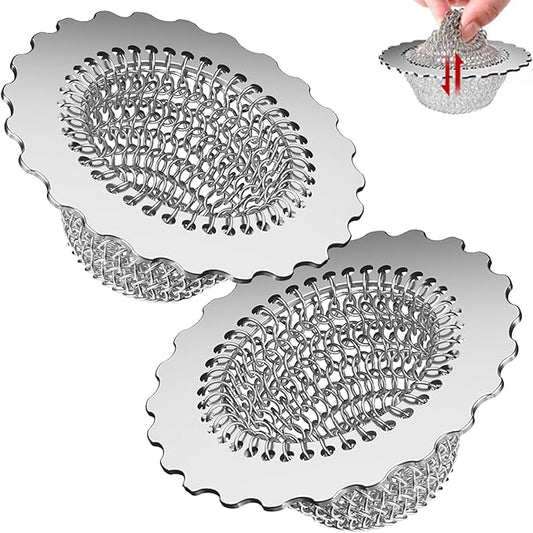 Kitchen Sink Drain Strainer, Patented 304 Stainless Steel Reversible Mesh Strainer with Flexible Chain, Handcrafted Anti-Clog Garbage Disposal Tool, Easy to Clean - 2 Pack