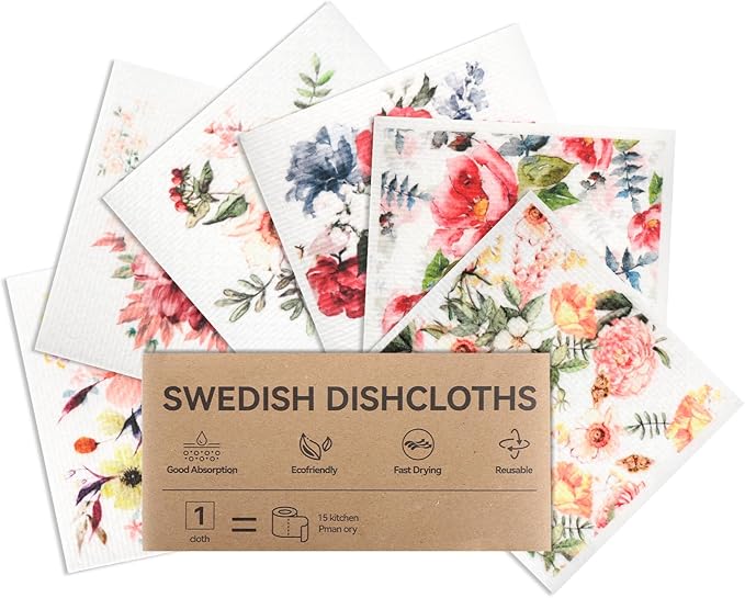 Swedish Dishcloths for Kitchen 6 Pack, Swedish Dish Cloths, Reusable Paper Towels, Washable Kitchen Cloth, 100% Biodegradable, Super Absorbent, Quick Drying