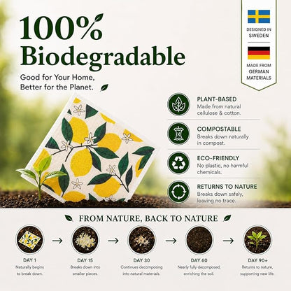 5 PCS Fruit Print Swedish Dishcloths for Kitchen 100% Biodegradable, Reusable Cellulose Sponge Cloths Ultra Absorbent, Eco Friendly Cleaning Towels Dishcloths for Washing Dishes & General Cleaning