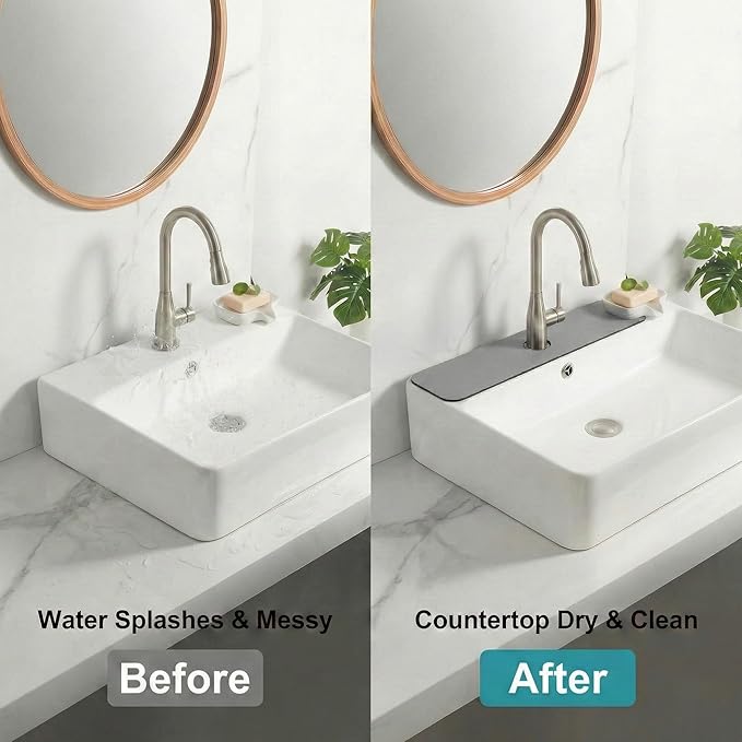 Customizable Kitchen Sink Faucet Mat: 30" Lx5.5 W Splash Guard, Pre-Cut Center Hole, Trimmable to Fit 2 & 3 Holes Faucet & Irregular Sink with Soap Dispenser - Bathroom Counter Protector Drip Catcher