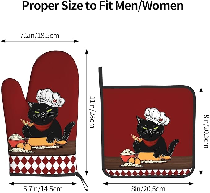 Cat Pot Holders and Oven Mitts - Red Cooking Gloves Hot Pads for Kitchen Fun Chef Gifts for Cooking Lover Cooks