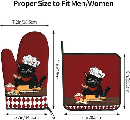 Cat Pot Holders and Oven Mitts - Red Cooking Gloves Hot Pads for Kitchen Fun Chef Gifts for Cooking Lover Cooks
