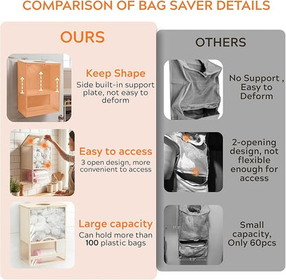 Plastic Bag Holder, Grocery Bag Holder with Trash Bag Roll Dispenser, Wall Mounted Soft Fabric Trash Bag Dispenser (Not Rigid), 14.6" L x 7.7" W x 19.3" H, for Kitchen Pantry Laundry Garage, Beige