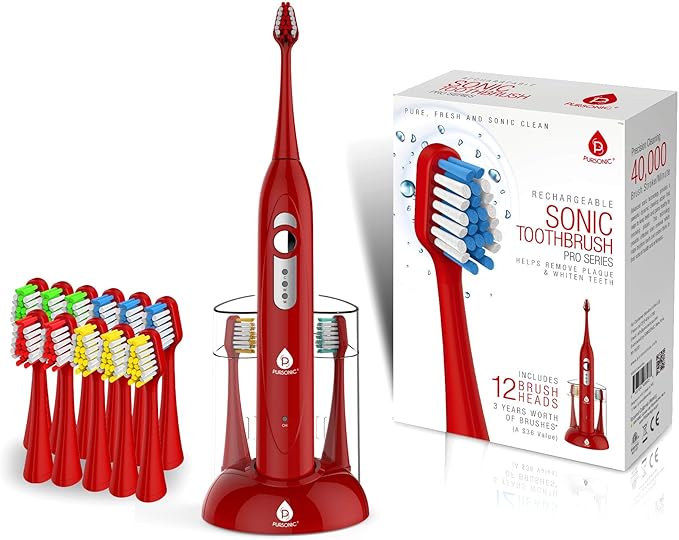 Pursonic S430 Power Rechargeable Sonic Toothbrush: 40,000 Strokes Per Minute, 12 Brush Head Replacements & Toothbrush Set Included - RED