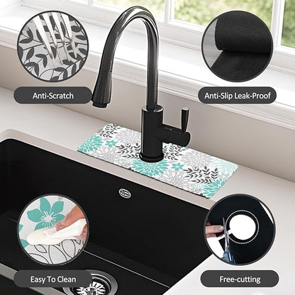 15" X 5.5" Kitchen Sink Splash Guard Faucet Mat Floral Super Absorbent Fast Drying Faucet Guard & Draining Mat Sink Splash Guard Behind Faucet for Kitchen, Bathroom