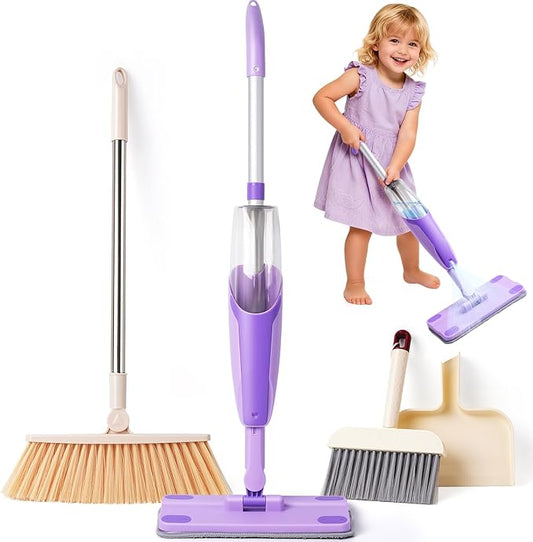 Kids Cleaning Toy Set,Purple Mini Spray Mop Montessori Toys Pretend Play Cleaning Tool for Toddlers with Spray Mop & Kids Broom Dustpan Set Cleaning Toys Gift for Toddlers Girls Boys Age 3+