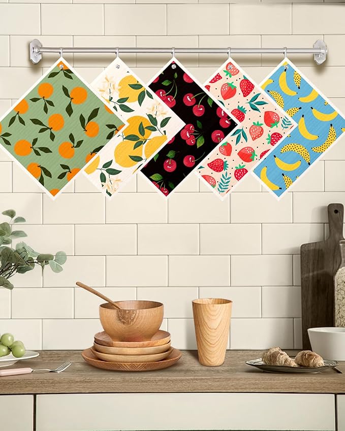 Miss Adola Swedish Dishcloths for Kitchen with Hooks - Reusable Dish Cloths for Washing Dishes Fast Drying Cute Fun 5 Pack Swedish Dish Towels Washable Cleaning Sponge, Fruit