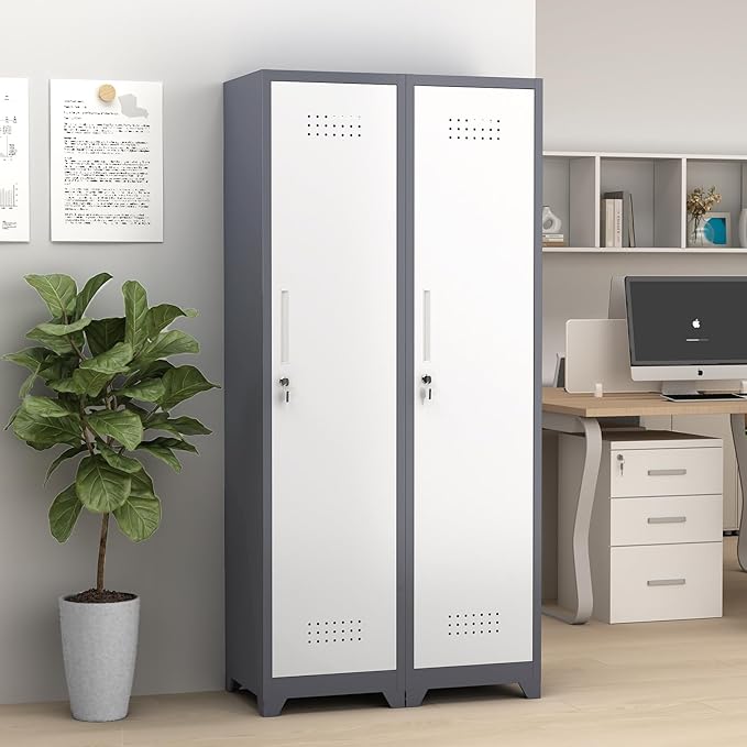 GREATMEET Slim Metal Utility Cleaning Storage Cabinet with Single Door, Narrow Tool Organizer for Brooms, Mops & Cleaning Supplies, Garage & Laundry Room Use, Grey White