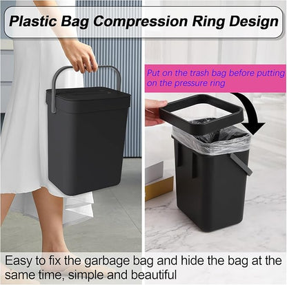 Compost Bin Kitchen, for use on Countertops or Under Sinks, Hanging Trash Can with Lid, for Cupboard/Bathroom/Bedroom/Office/Camping, Mountable Indoor Compost Bucket(Black 0.8 Gallon/3L)