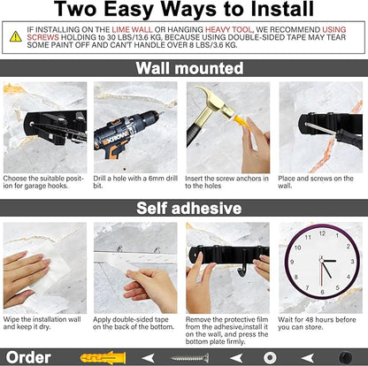2 Packs 5 Racks and 4 Hooks Mop and Broom Holder Wall Mount, SUS304 Heavy Duty Broom Organizer Storage Tool Racks, Self Adhesive Solid Non-slip Tool Hangers for Home Kitchen Garden Laundry Garage