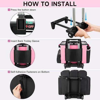 Large Rolling Cleaning Caddy Bag with Detachable Trolley,Cleaning Cart on Wheels with Shoulder Strap,Cleaning Supplies Organizer for Housekeepers,PInk