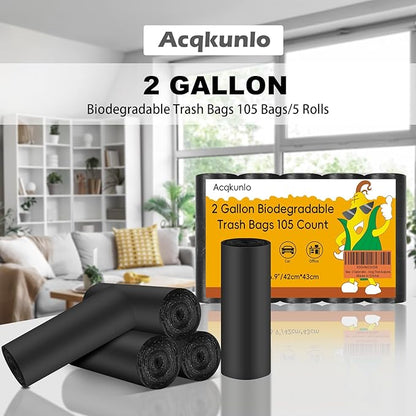 2 Gallon Mini Trash Bag Black-Biodegradable - Small Garbage Bags For Bathroom Can Unscented Compostable 105 Count Little Kitchen Office Car Small Waste Basket Liners Bulk Strong Thick Acqkunlo