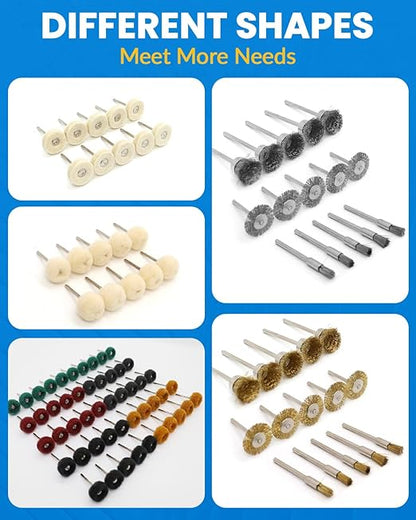 100Pcs Polishing Kit for Dremel, Buffing Polishing Wheel Wire Brush Set, Shank 1/8 Inch Shank Polishing Kit for Metal Wood Watch Jewelry Brass