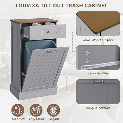 LOUVIXA Tilt Out Trash Can Cabinet, Hidden Trash Cabinet with Drawer, Wooden Dog Proof Trash Can Holder, Tilt Out Laundry Hamper, Garbage Can Holder (Gray)