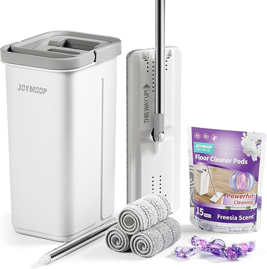 JOYMOOP Mop and Bucket Set with Freesia Scent Floor Cleaner Pods, Commercial and Household Flat Mop System with 3 Reusable Microfiber Pads and 15 Mop Soap Pods for Efficient Floor Cleaning