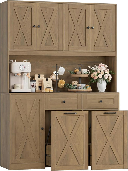HOSTACK 71" H Kitchen Trash Can Hutch Cabinet, 12.5 Gallon Double Pull Out Garbage Can Hutch Cabinet with Trash Bin Storage Holders, 47" Wide Kitchen Pantry with Hidden Garbage Storage, Rustic Brown