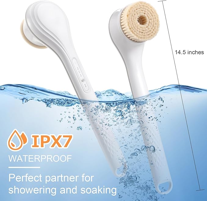 Electric Body Brush Rechargeable Back Scrubber for Shower Exfoliating Bath Brush Long Handle for Shower Lotion Applicator for Back Silicone Body Scrubber with 6 Shower Brush Heads