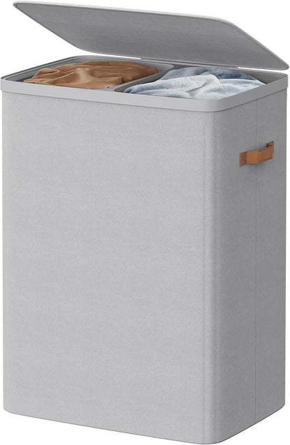 SONGMICS HOME Laundry Hamper with Lid, 2 Section Laundry Basket with Removable Liners and Handles, Foldable Clothes Sorter for Bedroom, Bathroom, Gray