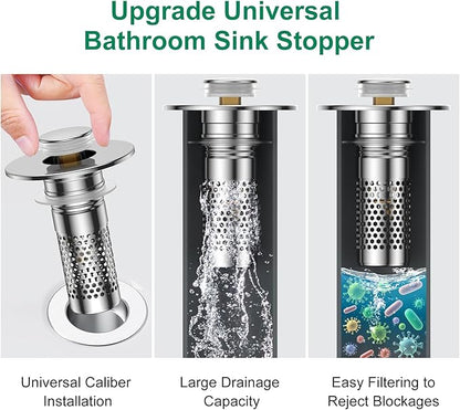 Bathroom Sink Drain Strainer,Universal Pop-Up Sink Stopper Hair Catcher, Anti-Clog Stainless Steel Drain Filter Basket, Removable Sink Drain for Bathroom Sink Stopper