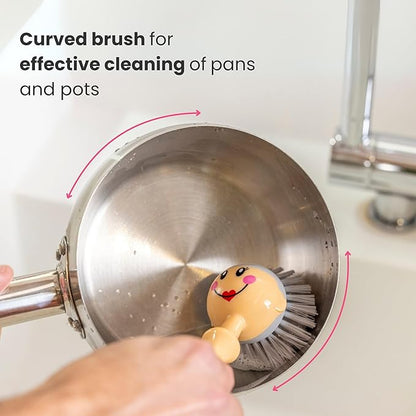 Vigar Dolls Dish Brush with Handle and Holder - Dish Scrubber Brush for Dishes and Pans, Kitchen Scrub Brush, Dishwashing Brush for Kitchen Sink Cleaning, Cute Standing Dish Brush Design - Pink, Gray