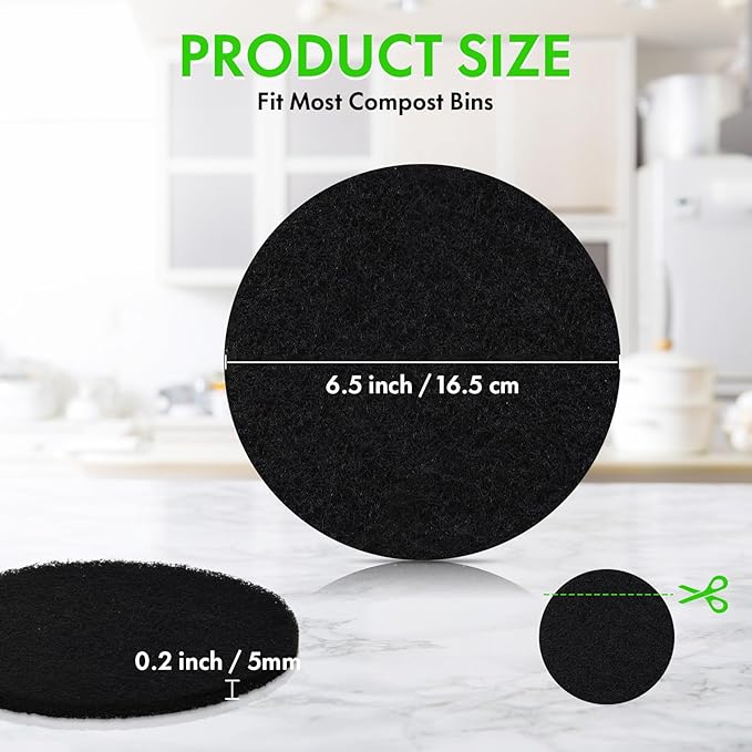 6.5 Inch Kitchen Compost Bin Filters Charcoal Replacement, ENLOY 12 Pack Charcoal Filters for Countertop Home Bucket, Longer Lasting Round Extra Thick Activated Charcoal
