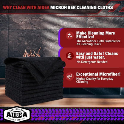 AIDEA Microfiber Cleaning Cloth Black, 600PK, Microfiber Towels for Cars, Shop Towels Cleaning Rags, Premium Wash Cloths, Absorbent Towel for SUVs, House, Kitchen, Commercial, Cleaning Supplies 12×12"