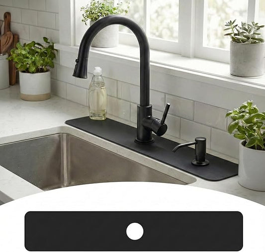 33 Lx5.5 W Long Kitchen Sink Faucet Mat: Customizable Black Splash Guard with Pre-Cut Center Hole for Large Double bowl Sink, DIY to Fits irregular & 2, 3, 4 hole sinks with Soap Dispenser & Air Gap