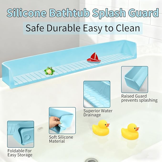 Bathtub Splash Guard for Tub Kids - 31IN Silicone Splash Guard with 11 Strong Suction Cups, Toy Tray Caddy Holder for Tub, Prevent Water Spills in Bathroom, Suitable for Kitchen Sinks and Bathtubs