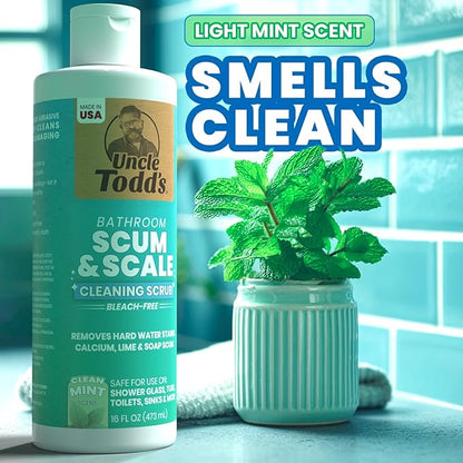 Uncle Todd's 16 oz Heavy Duty Hard Water Stain Remover & Soap Scum Remover for Shower - All Purpose Bathroom Cleaner Works on Glass Doors, Tiles, Bathtub, Toilet & Sink - Bleach-Free Mint Paste