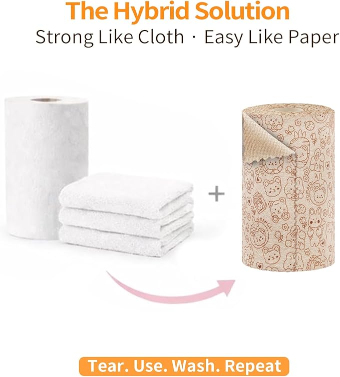 Microfiber Cleaning Cloth Roll, 50 Tear-Away Sheets, Reusable & Washable, Lint-Free, Non-Scratch Super Absorbent Rags for Kitchen, Home, Windows & Screens, Cute Brown Bear Pattern, 12x12 in