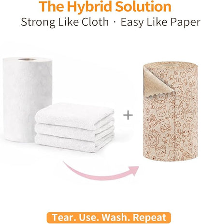 Microfiber Cleaning Cloth Roll, 50 Tear-Away Sheets, Reusable & Washable, Lint-Free, Non-Scratch Super Absorbent Rags for Kitchen, Home, Windows & Screens, Cute Brown Bear Pattern, 12x12 in
