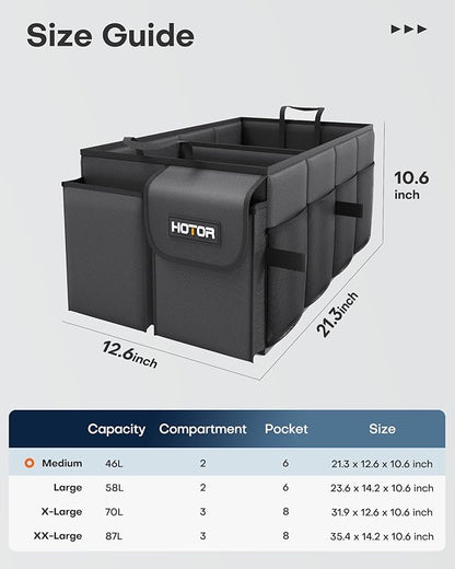 HOTOR Trunk Organizer - Car Organizer, Foldable Trunk organizer for SUVs & Sedans, Sturdy Car Organization for Car Accessories, Tools, Sundries, Black, 2 Compartments, 21.3"×12.6"×10.6"