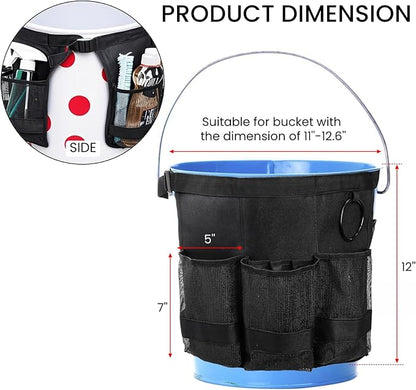 5 Gallon Bucket Tool Organizer, Adjustable Bucket Storage Bag with Mesh Compartments, Durable Black Garden Tool Caddy Swivel Seat Pouch for Ice Fishing, Car Cleaning, Hiking