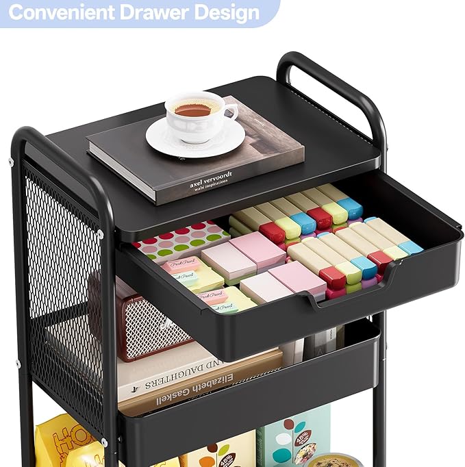 3 Tier Metal Rolling Utility Cart with Drawer & Pegboard - Multifunctional Storage Cart on Wheels with Tabletop, Hooks & Basket, Sturdy Craft & Art Cart for Bathroom, Bedroom, Children Room, Black