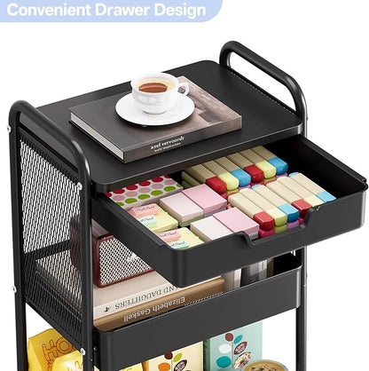 3 Tier Metal Rolling Utility Cart with Drawer & Pegboard - Multifunctional Storage Cart on Wheels with Tabletop, Hooks & Basket, Sturdy Craft & Art Cart for Bathroom, Bedroom, Children Room, Black
