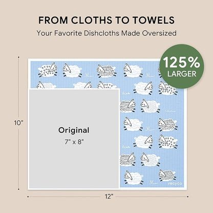 RECYCO Swedish Dishcloths for Kitchen | 4 Pack Oversized Washable Dish Rags | Large Cellulose Reusable Cleaning Paper Towels | Absorbent Counter Dish Cloth Sponge XL Kitchen Wipes, 12" L x 12" W