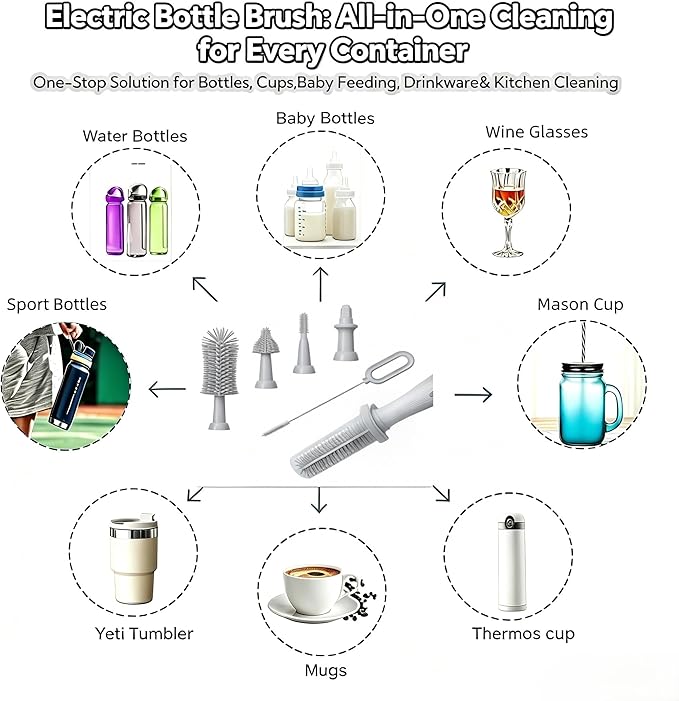 Electric Bottle Brush Set, 6-in-1 Electric Cleaning Brush with Waterproof Silicone Cleaner, 3 Replaceable Brush Heads, Straw Brush & Extension Rod, for Baby Feeding Supplies and Kitchen Utensils