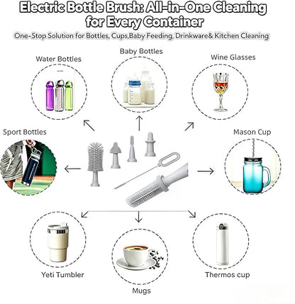 Electric Bottle Brush Set, 6-in-1 Electric Cleaning Brush with Waterproof Silicone Cleaner, 3 Replaceable Brush Heads, Straw Brush & Extension Rod, for Baby Feeding Supplies and Kitchen Utensils