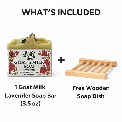 Goat Milk Soap Bar 3.5 oz + Free Soap Dish - Handmade Natural Face & Body Soap - Raw Goat Milk - Gift for Men & Women - No Dyes, Long-Lasting, Moisturizing for Sensative Skin (Lavender)